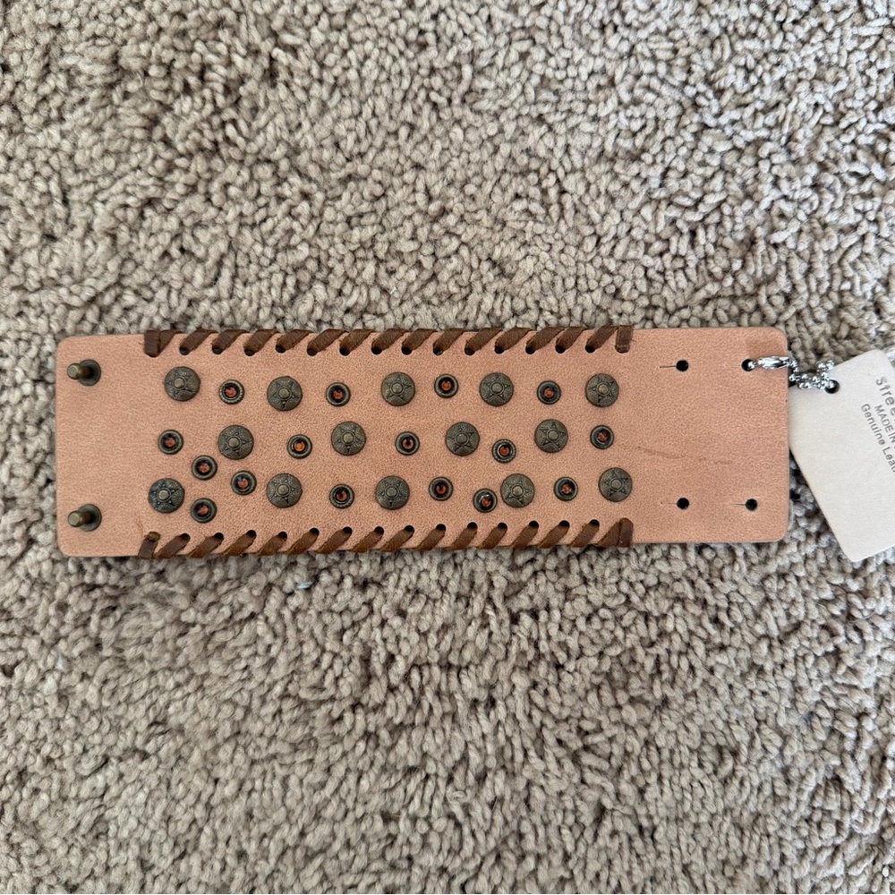 NWT Streets Ahead Studded Leather Cuff Bracelet Whipstitch Brown Western Boho